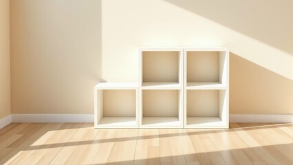 Minimalist room with white shelf and sunlight creating shadows on the floor