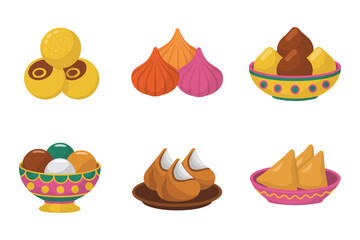 Festive dessert set, laddoo modak jalebi, assorted mithai bowls, celebration food icons, colorful vector pack