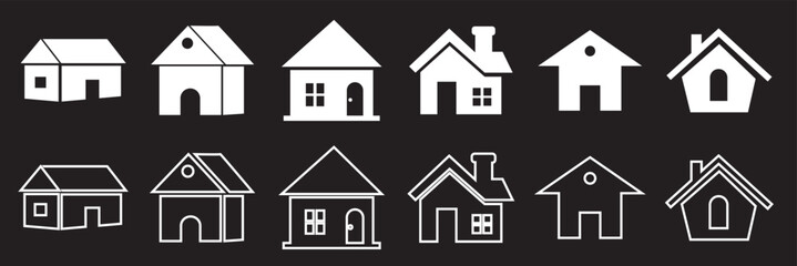 Set of simple house icons in  white.  Collection of various minimal house icons in solid and outline styles, displayed on a black background for design and illustration use.

