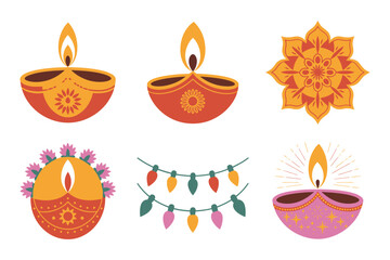 Diwali diyas with rangoli flowers and garland, cultural festival decoration, warm lamp vector set