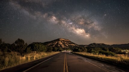Fototapeta premium Vast Milky Way galaxy illuminates desert highway leading towards majestic mesa under starry night sky