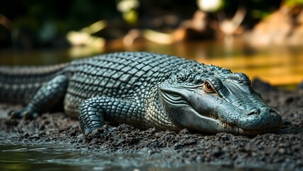 Obraz premium Large saltwater crocodile resting still on muddy riverbank