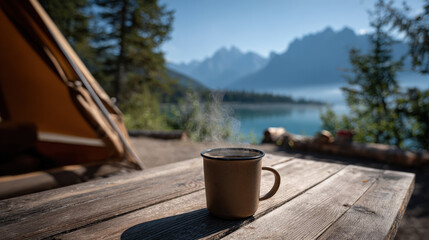 Naklejka premium cozy camping scene featuring steaming cup of coffee placed on wooden table in front of tent nestled among majestic