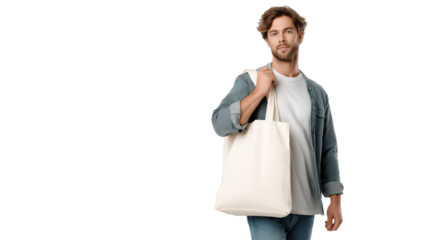 Sustainable lifestyle, young man carrying cotton tote bag, casual style