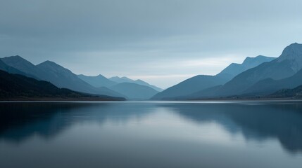 Fototapeta premium Minimalist landscape with distant low mountain range in soft gray outlines reflected on a calm gray-blue lake, 70% water, thin strip of pale sky, smooth gradients, no elements