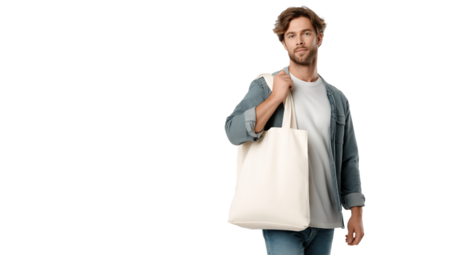 Sustainable lifestyle, young man carrying cotton tote bag, casual style