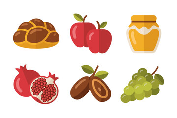 Apple pomegranate dates grapes with challah, traditional holiday foods, Judaism festival vector icons