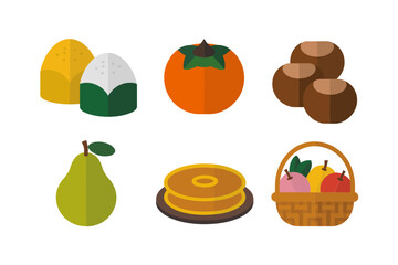 Autumn harvest foods set, pear persimmon rice cake chestnut, festive bowl basket, seasonal celebration icons