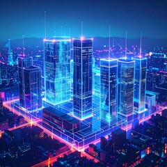 Futuristic city skyline, digital network