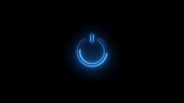 Ball moving animation with Neon glowing power button icon animation. Neon light power button turning on and off 4k video on black background.