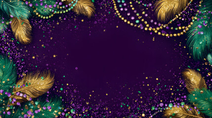 Mardi Gras themed banner with dark purple background, green and gold feathers on the edges, sparkling beads and confetti scattered around, Ai generated images