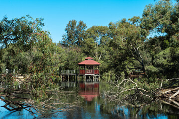 Gazebo and boardwalk on Tomato Lake in Perth, Western Australia