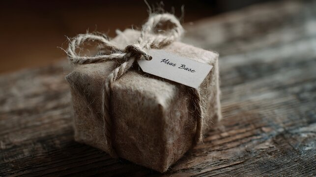 Handmade gift package with twine and name tag