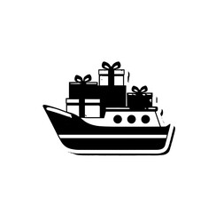 Obraz premium Red and Blue Cartoon Boat with Gifts Icon Sticker on Yellow Background, Simple Lines, Flat Design, Vector Illustration.