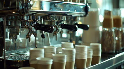 Espresso machine and stacks of disposable cups ready for coffee brewing