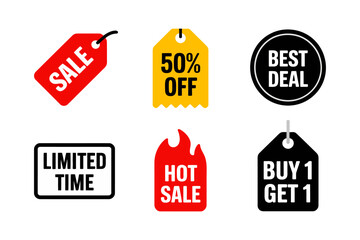 Shopping sale icons, price tag with percent, shopping cart and basket, gift box and bag, retail discount graphics, marketing vector clipart, ecommerce promotion elements