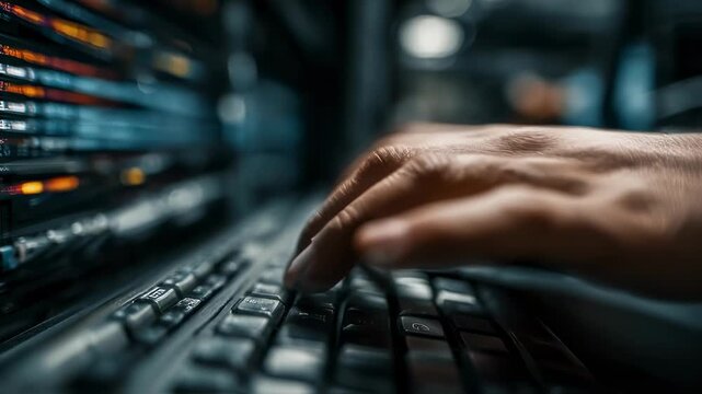 Closeup of hands typing SQL code for query tuning on a keyboard with server equipment blurred in the background highlighting technical precision in database optimization.