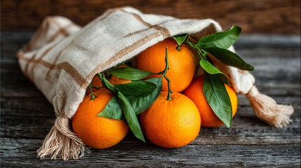 Vibrant, fresh oranges with green leaves spilling from a textured cloth bag on rustic wood