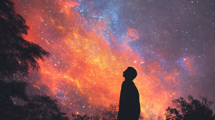 Obraz premium A person silhouetted against a vibrant cosmic backdrop.