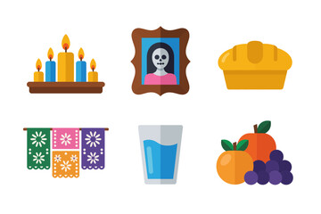 Candle altar with framed photo, fruit and drink offerings, papel picado, marigold wreath, day of the dead home memorial, vector clipart