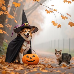 Cute dog dressed as a witch with a cat and pumpkin in autumn forest during halloween