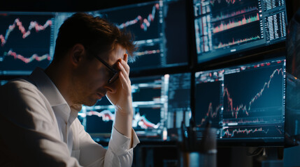 Gestresster Trader vor Monitoren – Aktienmarkt im Bärenmarkt, Kurssturz und Abwärtstrend; Finanzkrise, Volatilität, Verluste, Nachtarbeit am Trading‑Desk