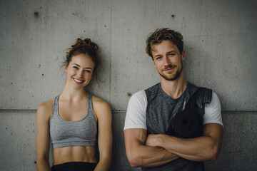 Fitnesspaar nach dem Training vor Betonwand – lächelnde junge Frau und Mann im Sportoutfit mit Yogamatte; Porträt im Fitnessstudio, gesunder Lebensstil, Motivation, Partnertraining, Textfreiraum