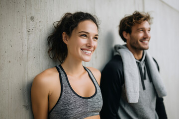 Fitnesspaar nach dem Training vor Betonwand – lächelnde junge Frau und Mann im Sportoutfit mit Yogamatte; Porträt im Fitnessstudio, gesunder Lebensstil, Motivation, Partnertraining, Textfreiraum