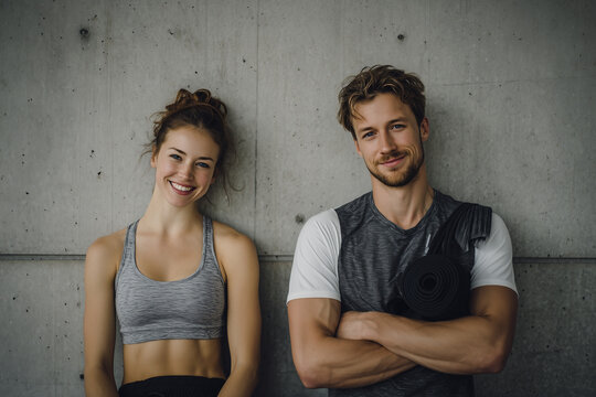 Fitnesspaar nach dem Training vor Betonwand &ndash; l&auml;chelnde junge Frau und Mann im Sportoutfit mit Yogamatte; Portr&auml;t im Fitnessstudio, gesunder Lebensstil, Motivation, Partnertraining, Textfreiraum
