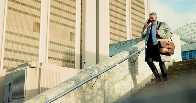 Buildings, phone call and steps with business man in city for commute, travel or walking to work. Communication, conversation and staircase with happy mature employee outdoor in urban town for update
