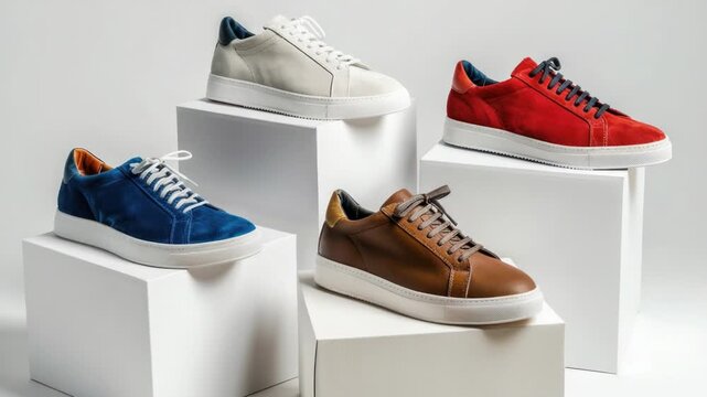 Row of colorful sneakers on display, perfect for showcasing fashion or sports products
