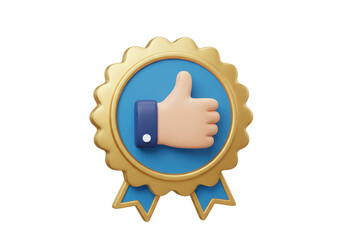 Isolated Best Quality Gold and Blue Award Badge with Thumbs Up