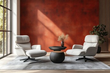 Two recliner chairs near a grey sofa against terra cotta paneling wall, capturing Japanese minimalist home interior design for a modern living room. 3D rendering, Generative AI