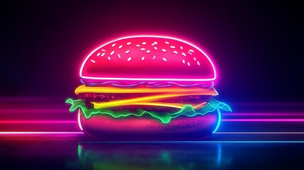 Neon burger illustration glowing colors digital fast food concept futuristic style vibrant lights graphic art poster