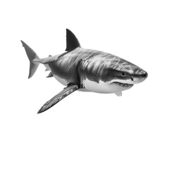 Weißer Hai (Großer Weißer Hai) freigestellt – isolierter Knorpelfisch auf weißem Hintergrund mit Schattenwurf, seitliche Perspektive, schwimmend; ideal für Natur, Tierwelt, Meeresbiologie