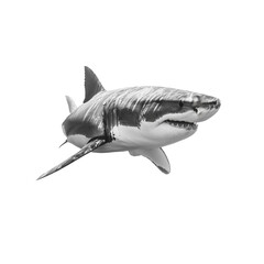 Weißer Hai (Großer Weißer Hai) freigestellt – isolierter Knorpelfisch auf weißem Hintergrund mit Schattenwurf, seitliche Perspektive, schwimmend; ideal für Natur, Tierwelt, Meeresbiologie
