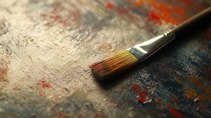 Fototapeta premium Paintbrush resting on colorful painted canvas in studio