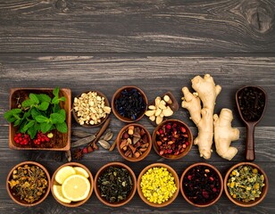 Assorted dried herbs and spices on a dark wooden surface