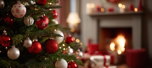 The beautifully decorated Christmas tree beside a cozy fireplace.