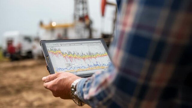 Closeup of hands holding digital well log graphs with drilling site blurred in background emphasizing datadriven decision making in petroleum engineering.