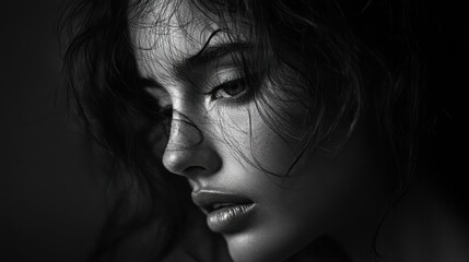 Fototapeta premium Serious young woman in dark studio with artificial lighting