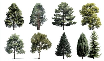 Nine diverse trees against white background (1)