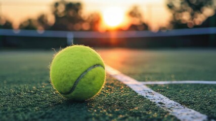 A tennis ball sits on a tennis court, ready for play - Powered by Adobe