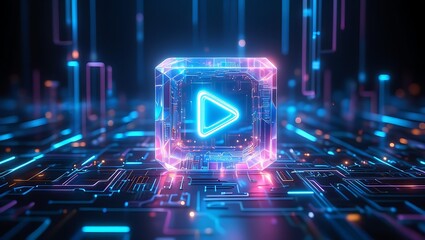 Futuristic neon glowing play button encased in a digital cube set against a vibrant circuit board background with bokeh lights representing technology and entertainment