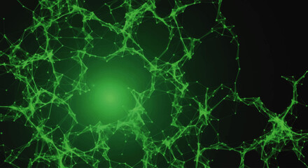 Abstract green network of interconnected lines and nodes against a dark background.