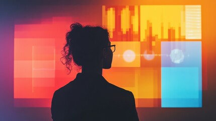 Contemplative young woman observing data visualizations indoors