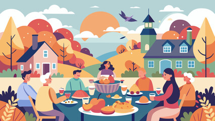 Obraz premium Family gathering for thanksgiving dinner in autumn with houses and trees landscape illustration