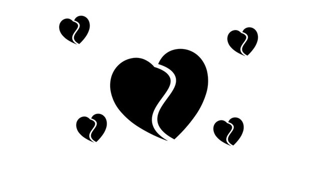 Zoom in and out animation the two halves of a heart symbol. Large black symbol in the center and four small symbols around. Seamless looped 4k animation on white background