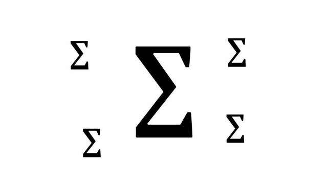 Zoom in and out animation the sigma symbol. Large black symbol in the center and four small symbols around. Seamless looped 4k animation on white background