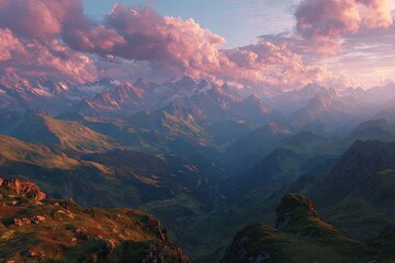 Panoramic mountain vista at sunset.  Pink clouds drape over snow-capped peaks, casting a warm glow on valley landscapes